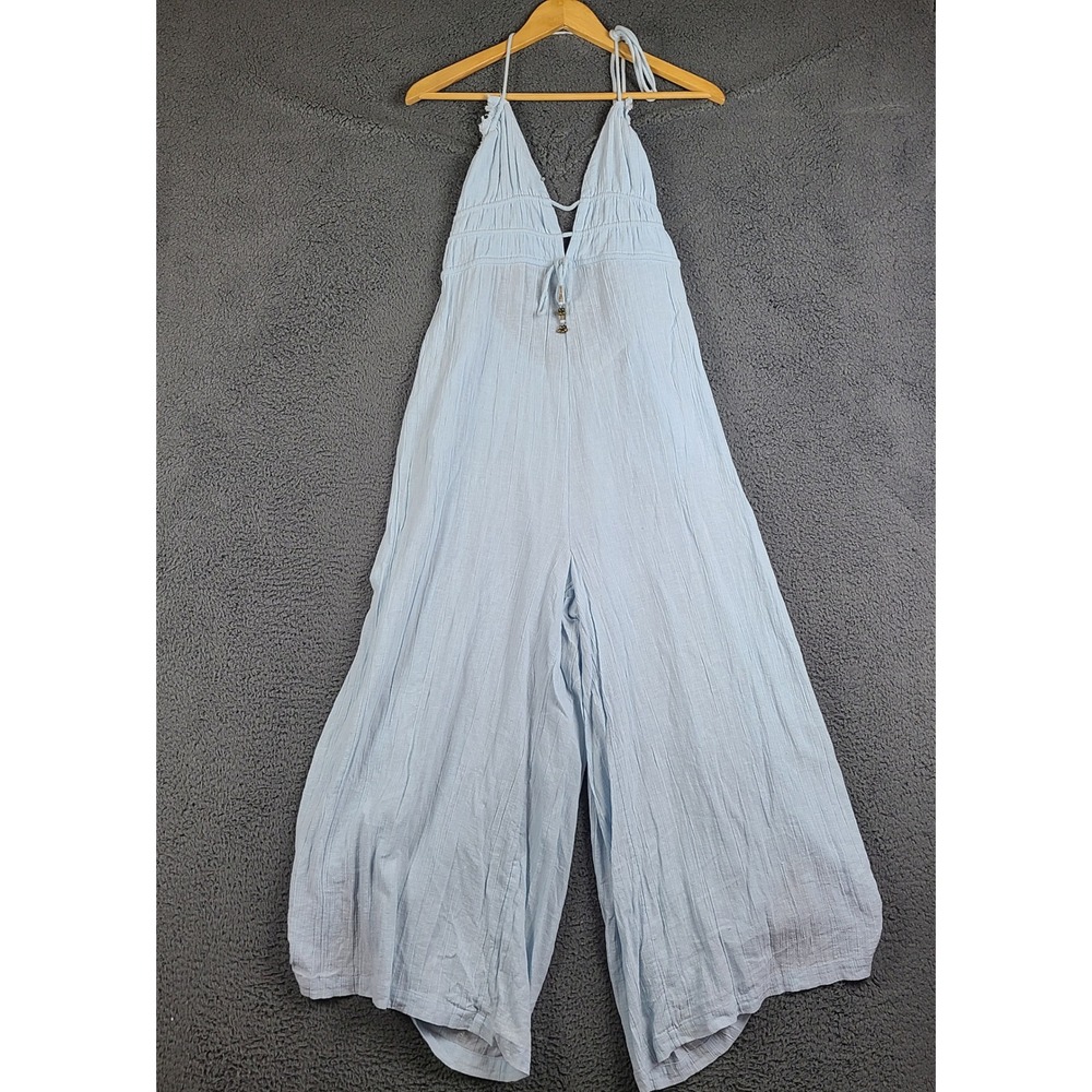 Free People Show Your Stripe Linen Halter Wide Leg Jumpsuit XS Boho Open Back